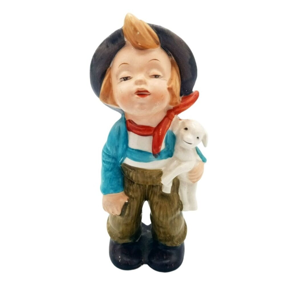 Boy Figurine Holding Lamb Lipper Mann Vintage 1956 Japan 6.25" L & M Porcelain